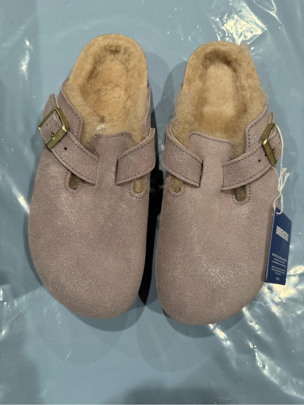 Birkenstock shimmering faded purple Suede Shearling Clog with Buckle